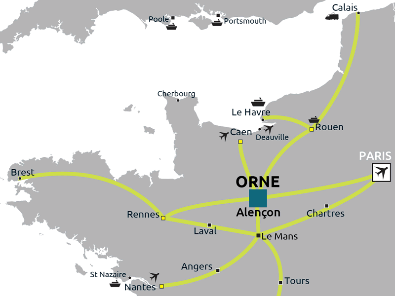 Carte des relations de l'Orne au sein du Grand-Ouest de la France